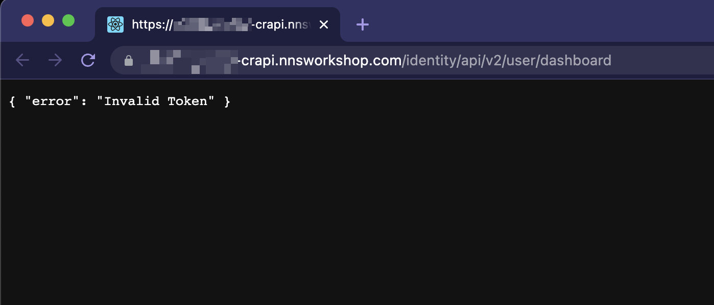 仪表板 API 返回无效令牌的屏幕截图